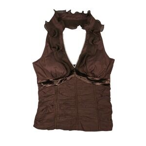 Oh YES Halter Top Women L Brown Y2K Ruffle Rhinestone Ruched Smocked Back NWOT